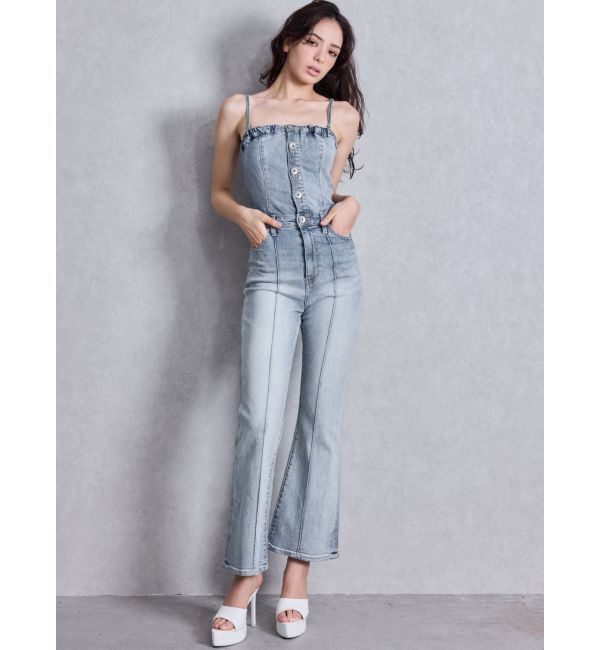 GYDA「BACKリボンデニムロンパース」|オールインワン|アイスブルー