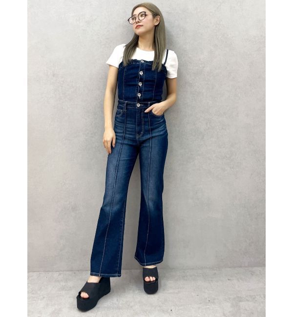 GYDA「BACKリボンデニムロンパース」|オールインワン|