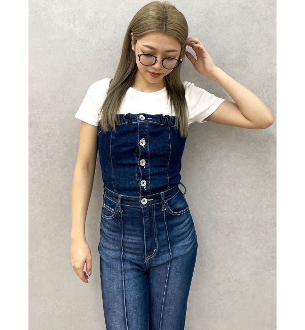 GYDA「BACKリボンデニムロンパース」|オールインワン|