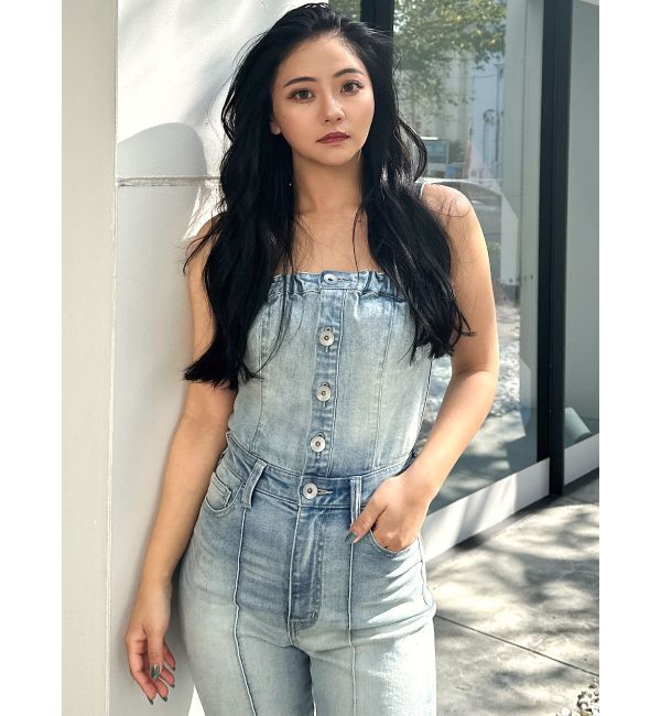 GYDA「BACKリボンデニムロンパース」|オールインワン|