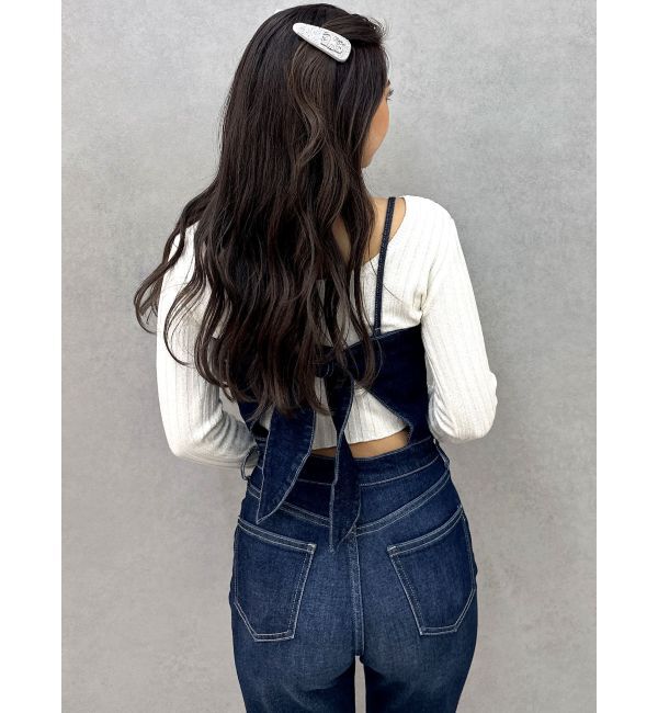 GYDA「BACKリボンデニムロンパース」|オールインワン|