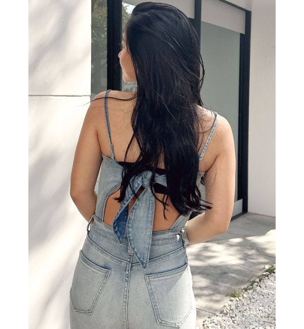 GYDA「BACKリボンデニムロンパース」|オールインワン|