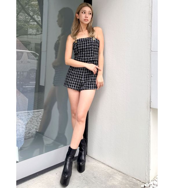 GYDA「ラメツイードショートロンパース」|オールインワン|