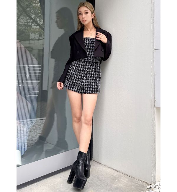 GYDA「ラメツイードショートロンパース」|オールインワン|