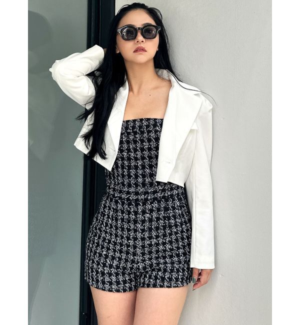 GYDA「ラメツイードショートロンパース」|オールインワン|