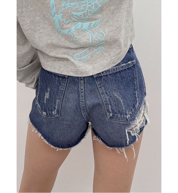 GYDA「ハイウエストBACK RIPPEDデニムショートパンツ」|デニム|ブルー