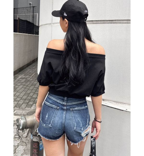 GYDA「ハイウエストBACK RIPPEDデニムショートパンツ」|デニム|