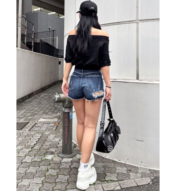 GYDA「ハイウエストBACK RIPPEDデニムショートパンツ」|デニム|