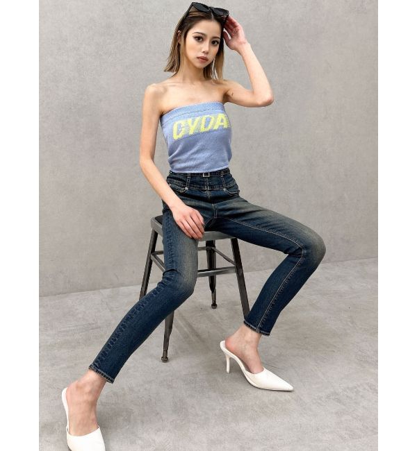 GYDA「ハイウエストフロントZIPベルトデザインスキニーデニムパンツ」|デニム|