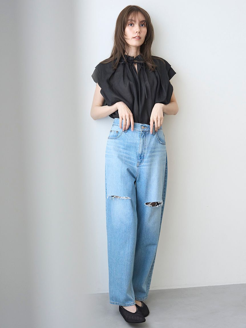 Mila Owen「【WEB限定00サイズ】ワイドテーパードカットアウトデニムパンツ」|デニム|