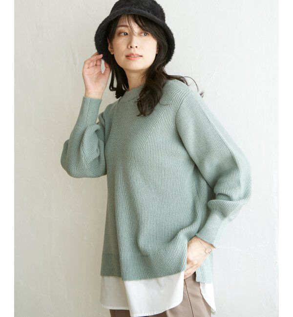 ikka「裾レイヤードニットプルオーバー」|プルオーバー|グリーン