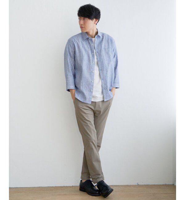 ikka「【吸水速乾】7分袖イージーケアリネンストライプシャツ」|シャツ・ブラウス|