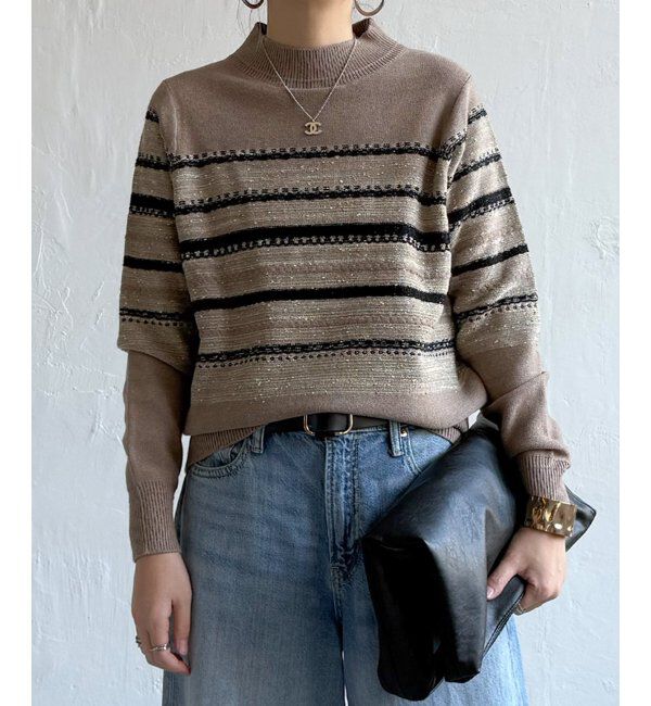 Lbc with Life「ラメネップボーダーニットPO」|カーディガン|モカ