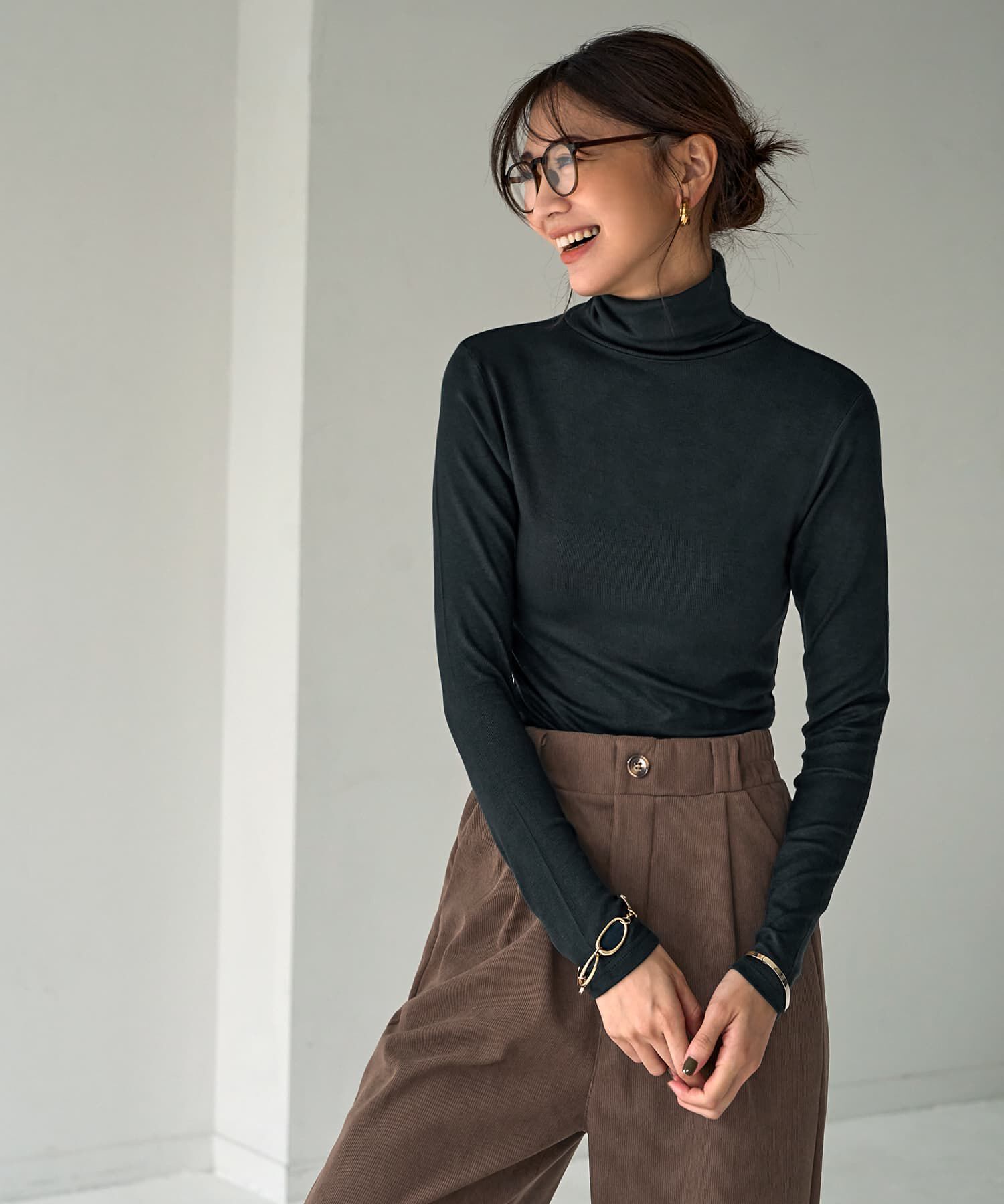 STYLE DELI「とろみ薄リブタートルネックトップス」|Tシャツ・カットソー|チャコール