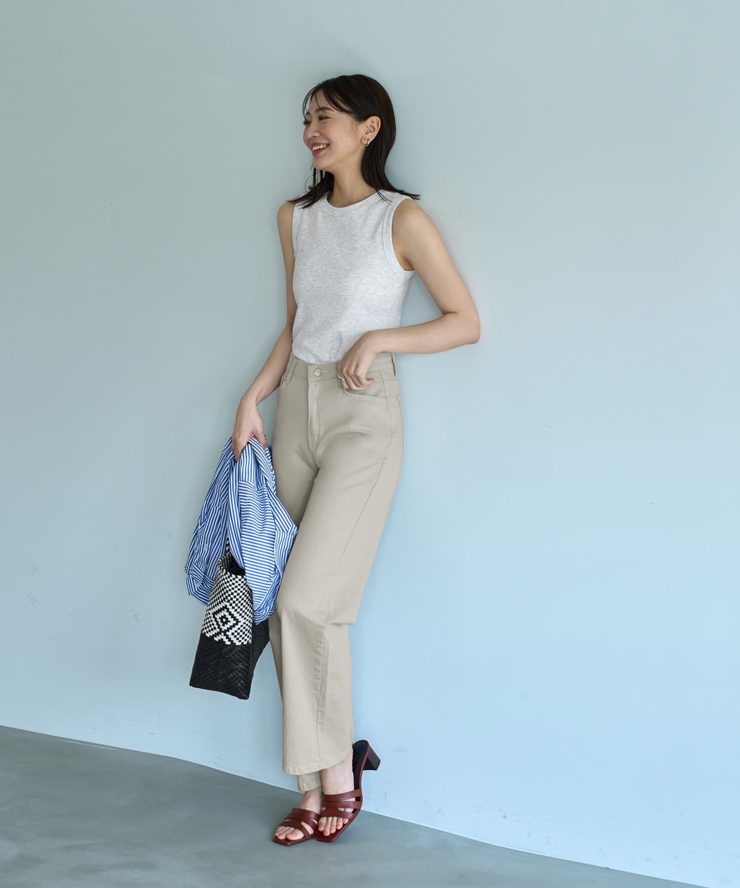 STYLE DELI「ウエストにゴム内蔵のストレッチコットンストレートパンツ」|チノ|