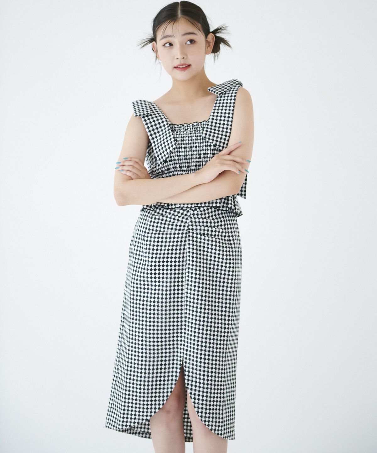 REDYAZEL「サッカーチェックセンタースリットスカート」|タイト|オフ