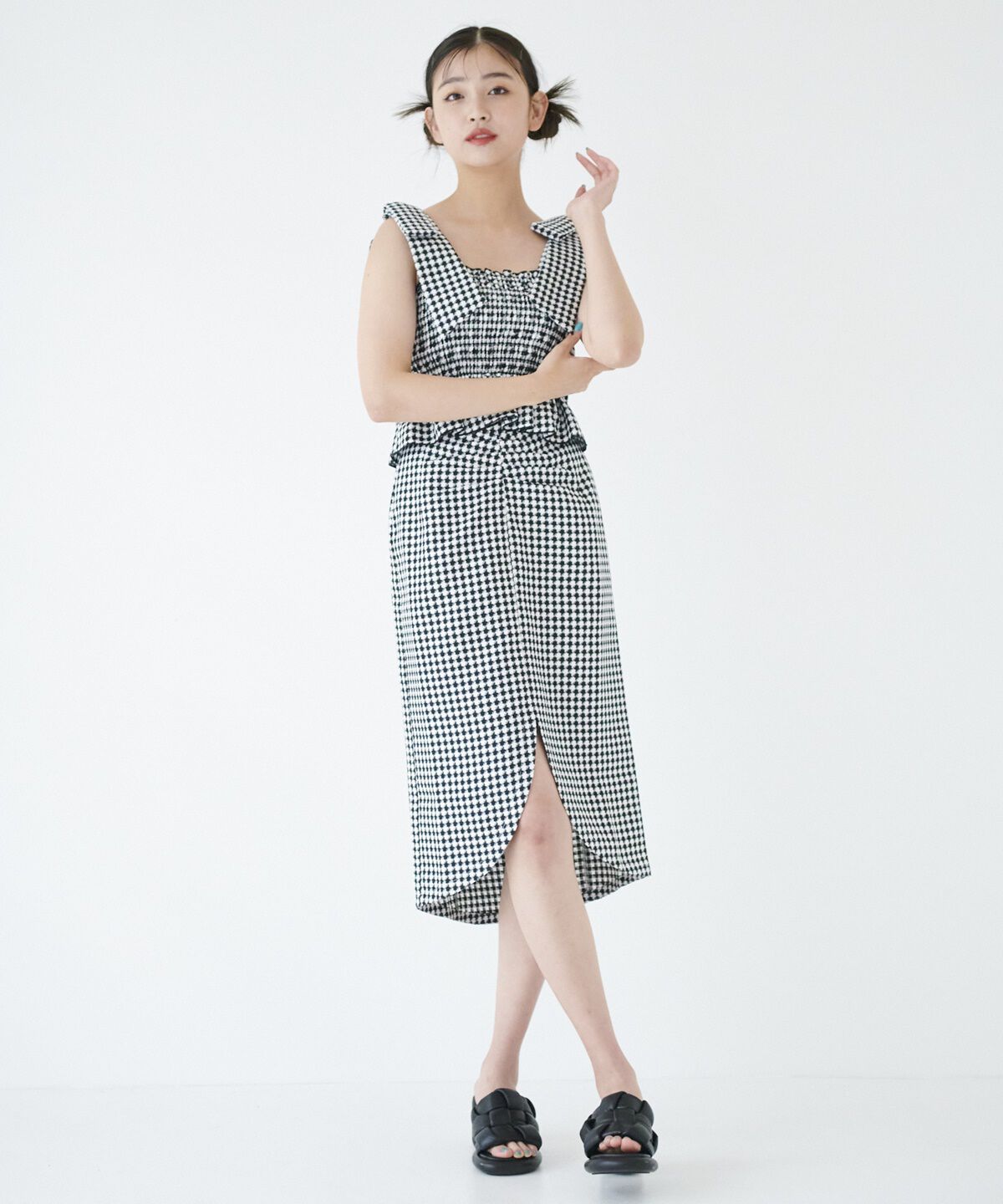 REDYAZEL「サッカーチェックセンタースリットスカート」|タイト|