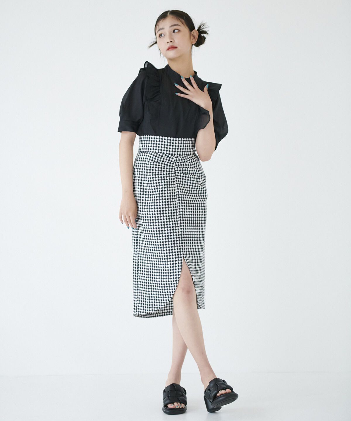 REDYAZEL「サッカーチェックセンタースリットスカート」|タイト|