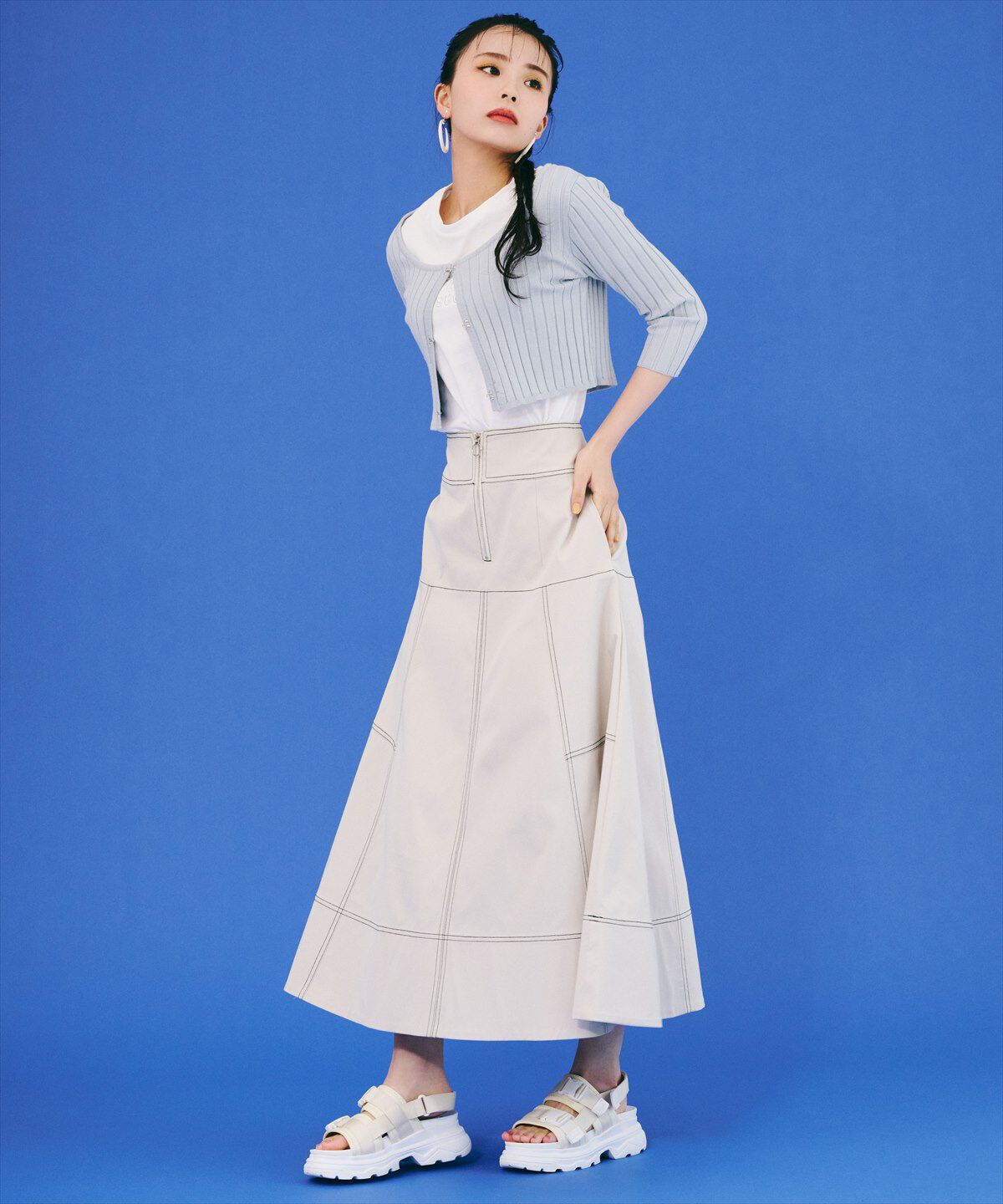 REDYAZEL「配色ステッチフレアスカート」|フレア|