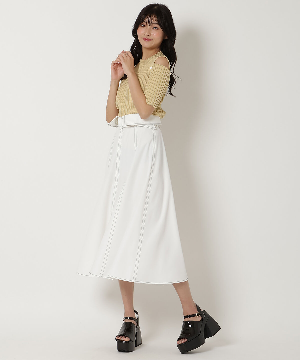 REDYAZEL「オープンショルダーラメリブニット」|ニット・セーター|