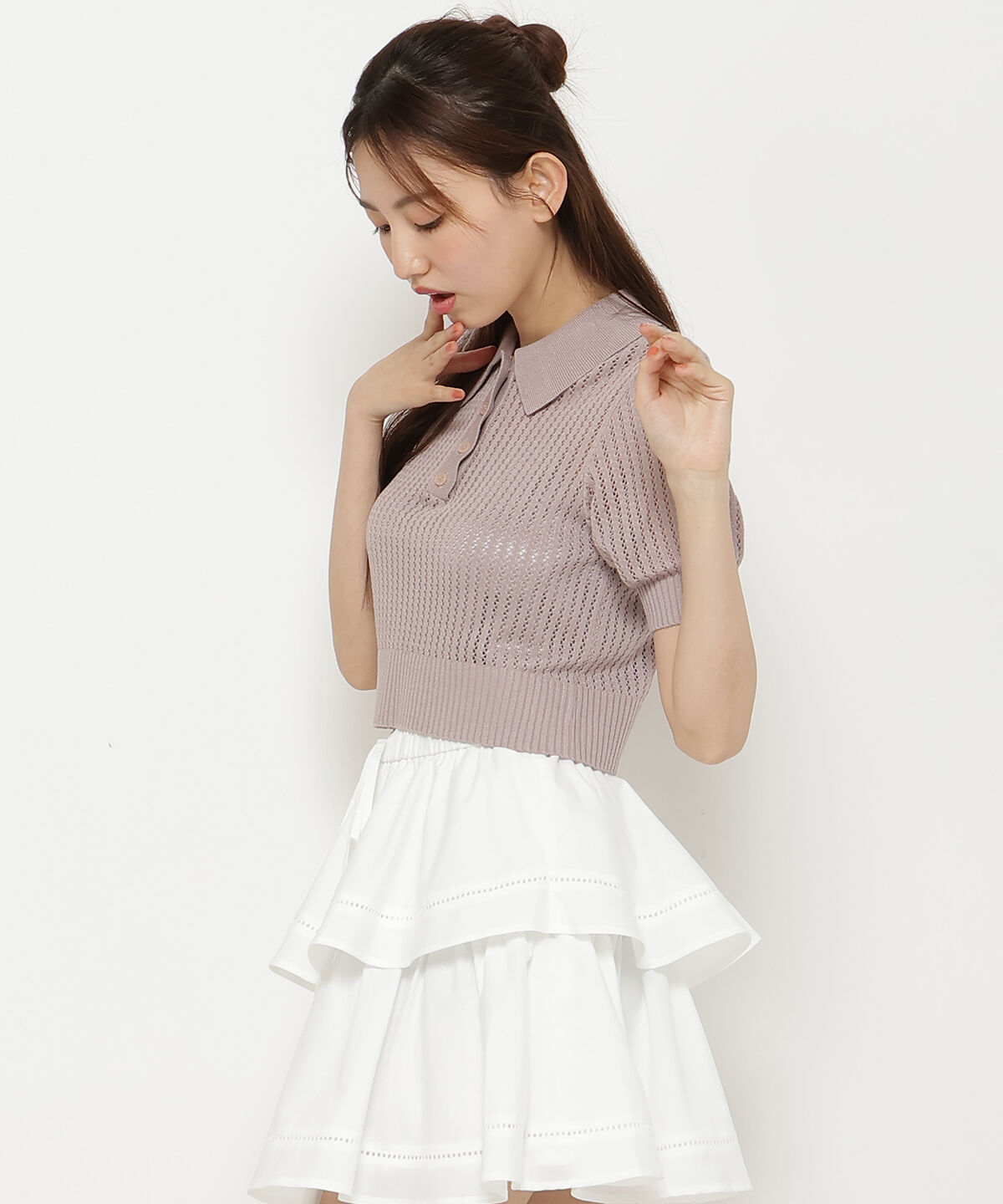 REDYAZEL「シアークロップドポロニットトップス」|ニット・セーター|