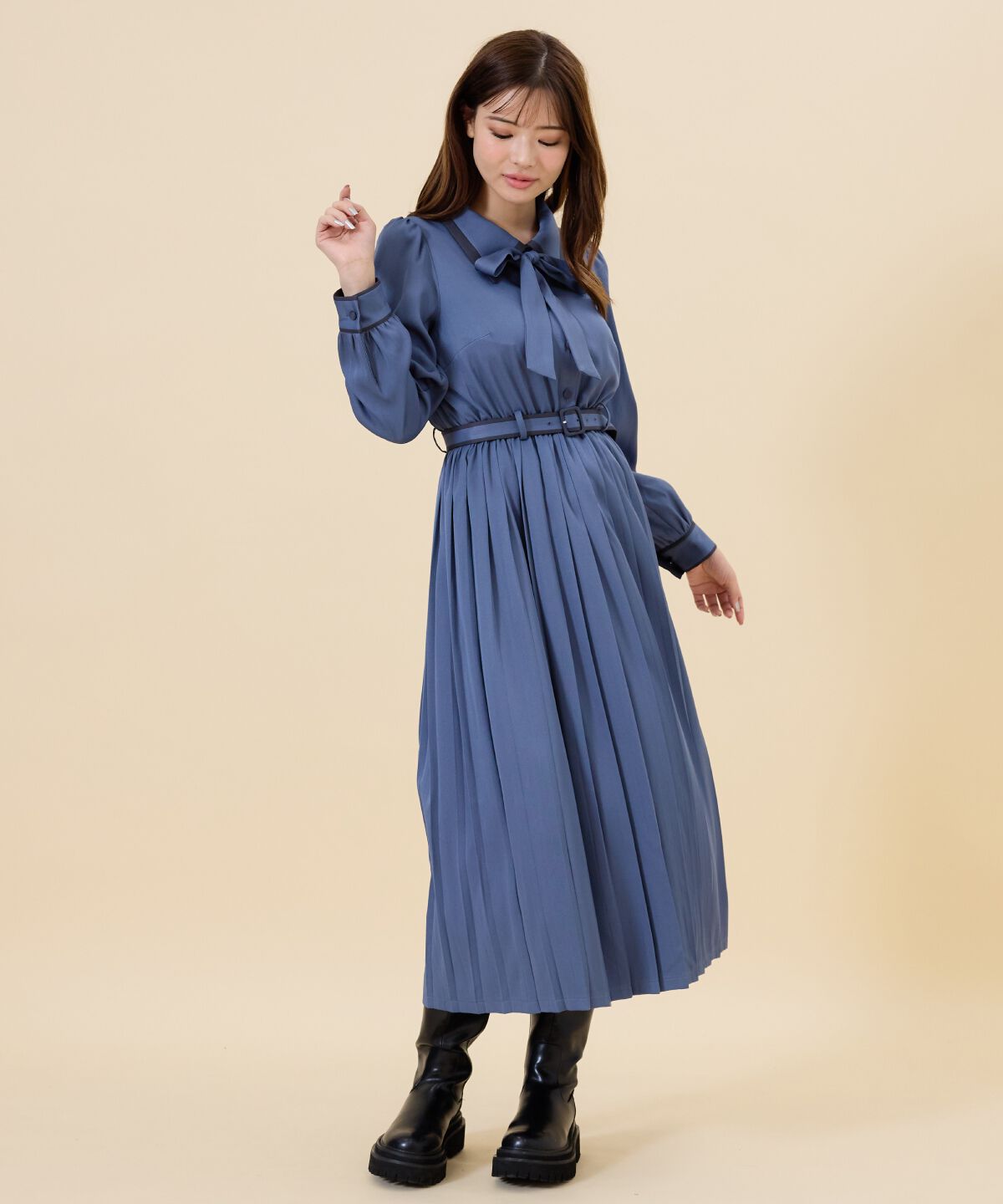 REDYAZEL「バイカラープリーツシャツワンピース」|ワンピース|ブルー