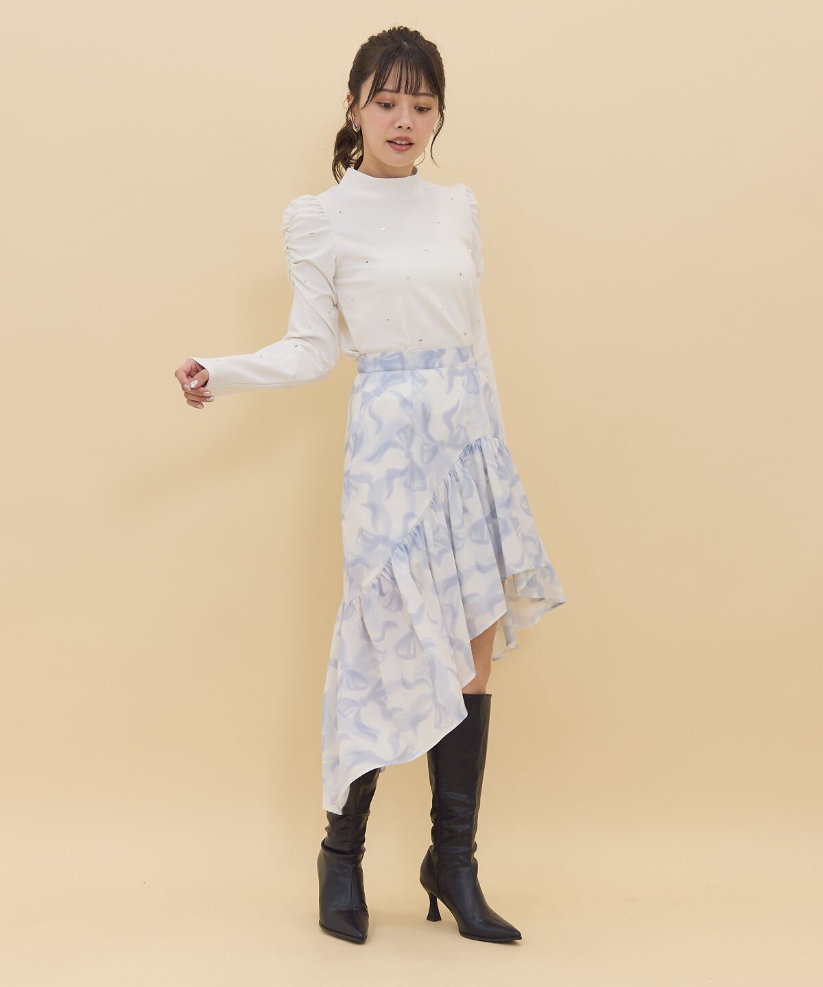 REDYAZEL「リボンプリントスカート」|フレア|