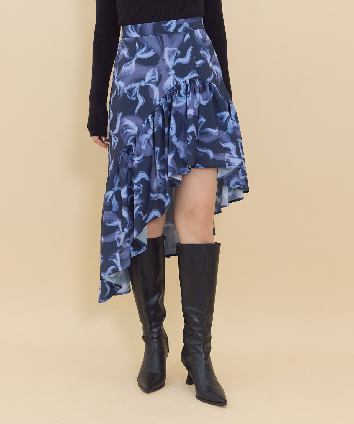 REDYAZEL「リボンプリントスカート」|フレア|ネイビー