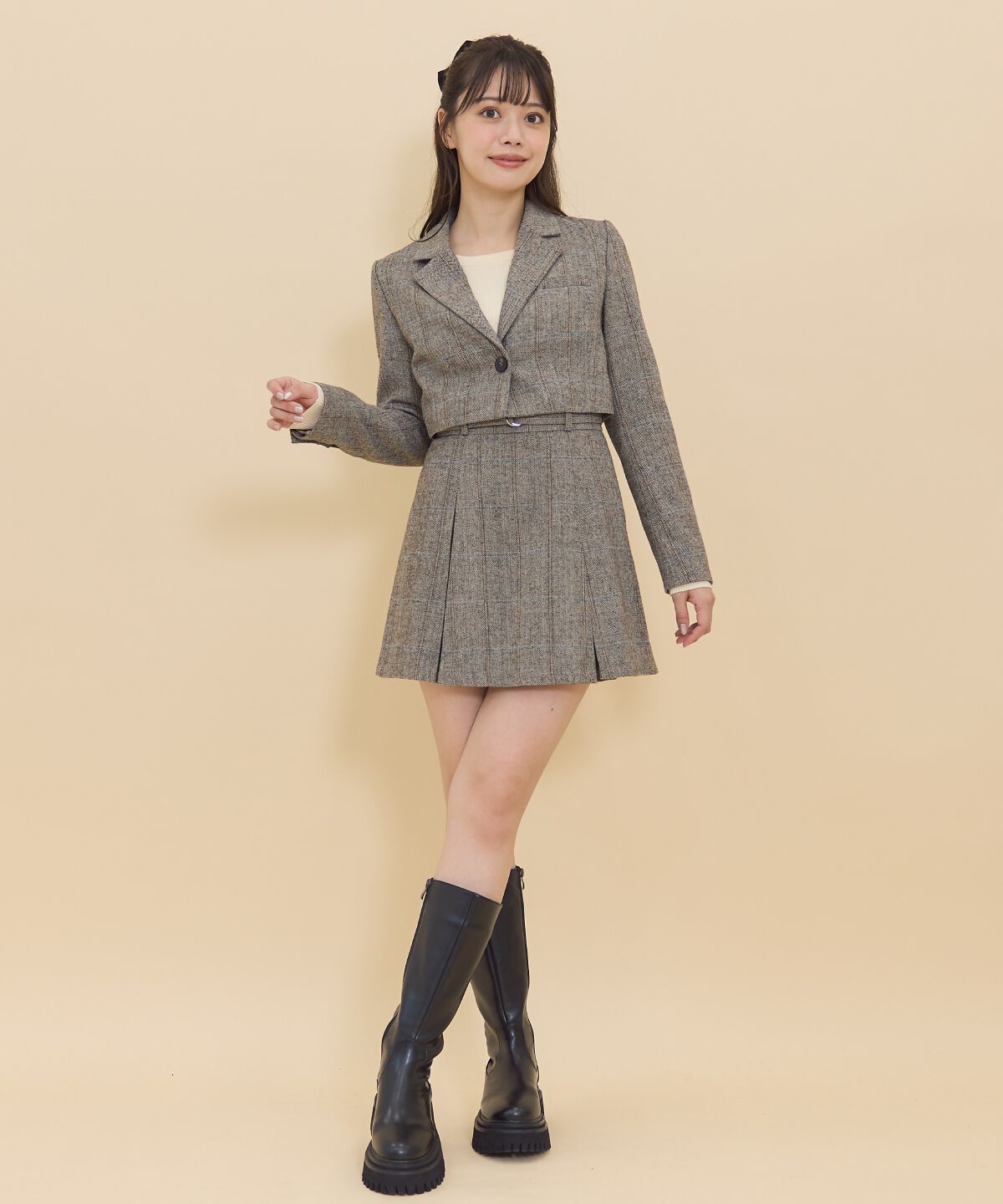 REDYAZEL「ヘリンボーンチェックタックミニスカート」|フレア|