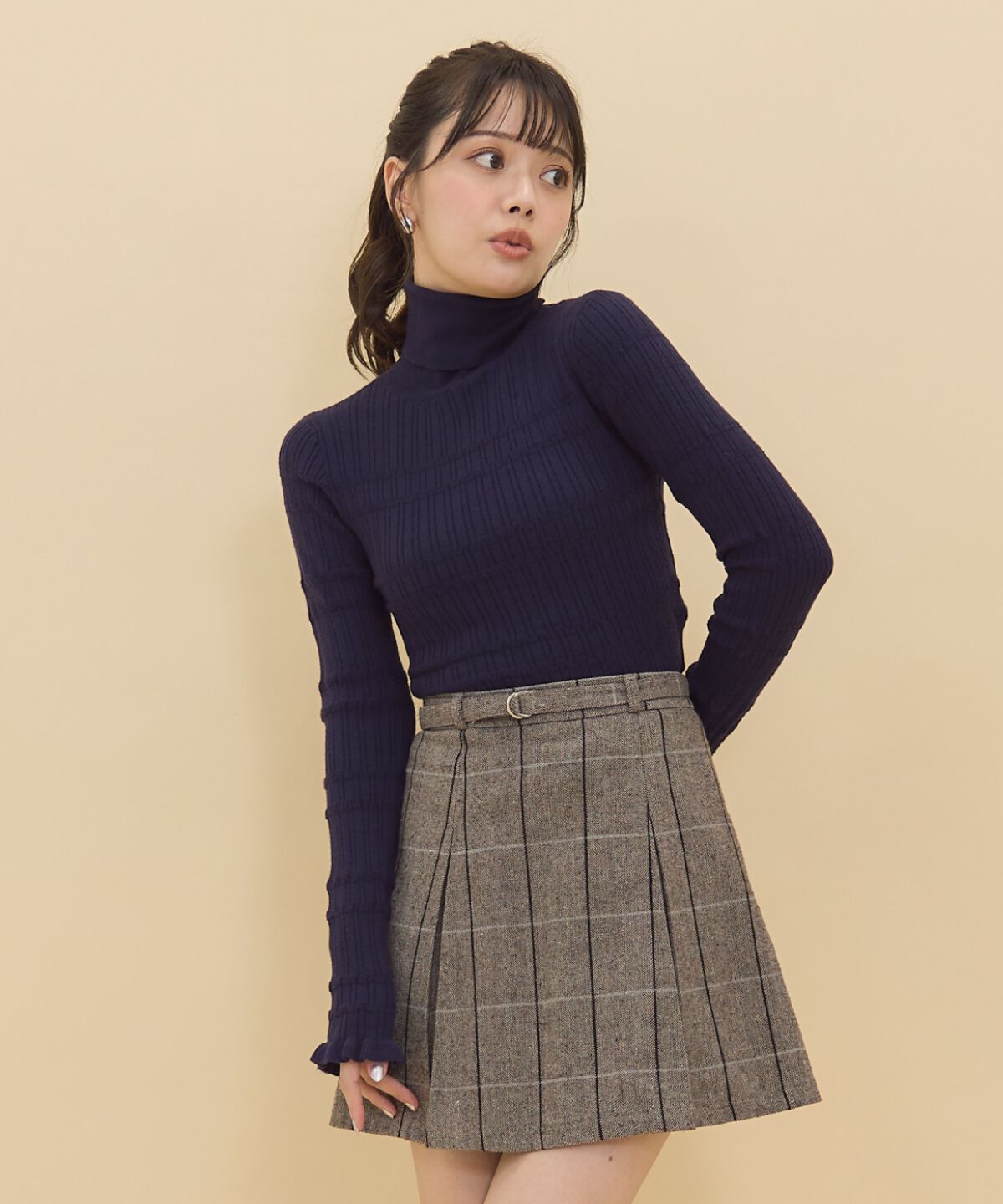 REDYAZEL「ヘリンボーンチェックタックミニスカート」|フレア|ブラウン