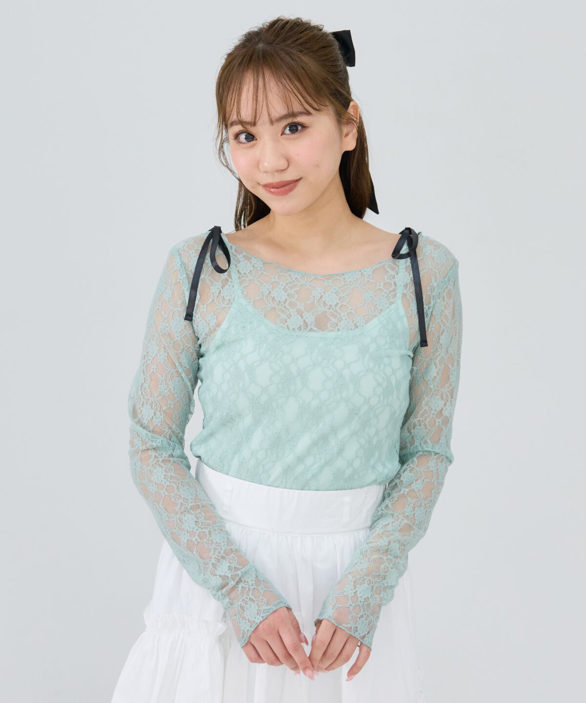 REDYAZEL「サテンリボンショルダーレーストップス」|Tシャツ・カットソー|