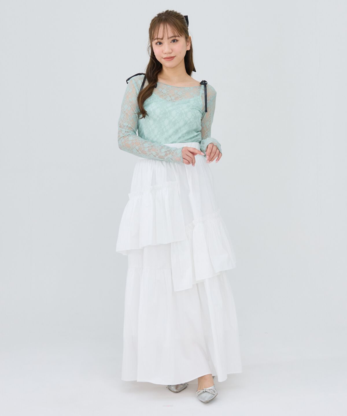 REDYAZEL「サテンリボンショルダーレーストップス」|Tシャツ・カットソー|