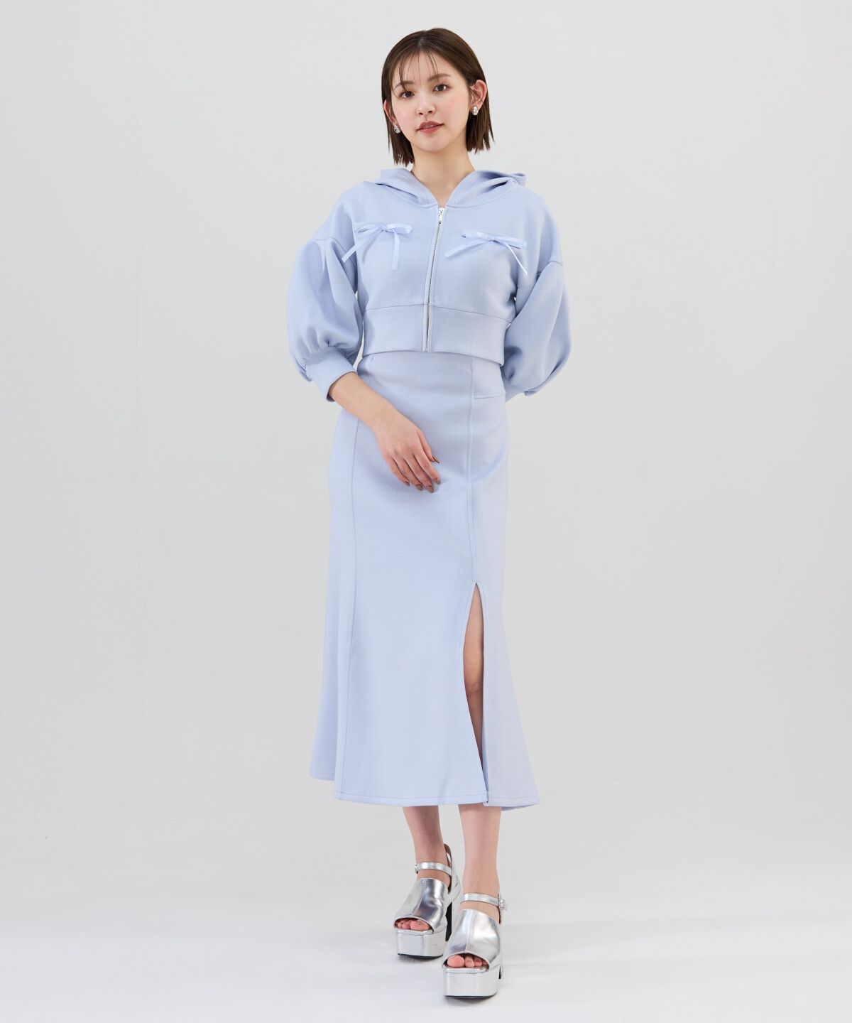 REDYAZEL「ダンボールバックスピンドルロングスカート」|タイト|サックス