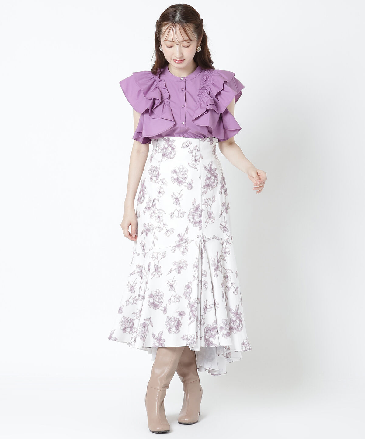 WILLSELECTION「ラインフラワーボリュームスカート」|フレア|