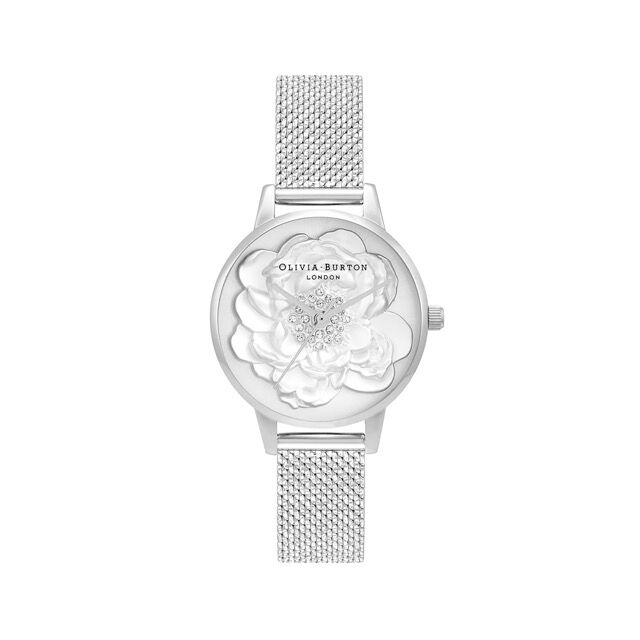 OLIVIA BURTON 「〈OLIVIA BURTON (ｵﾘﾋﾞｱﾊﾞｰﾄﾝ)〉ﾌﾞﾛｯｻﾑ 30mm 3D ﾎﾜｲﾄｽﾊﾟｰｸﾙﾌﾞﾛｯｻﾑ ｼﾙﾊﾞｰ ﾒｯｼｭ」|腕時計|SILVER