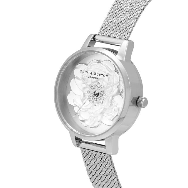 OLIVIA BURTON 「〈OLIVIA BURTON (ｵﾘﾋﾞｱﾊﾞｰﾄﾝ)〉ﾌﾞﾛｯｻﾑ 30mm 3D ﾎﾜｲﾄｽﾊﾟｰｸﾙﾌﾞﾛｯｻﾑ ｼﾙﾊﾞｰ ﾒｯｼｭ」|腕時計|