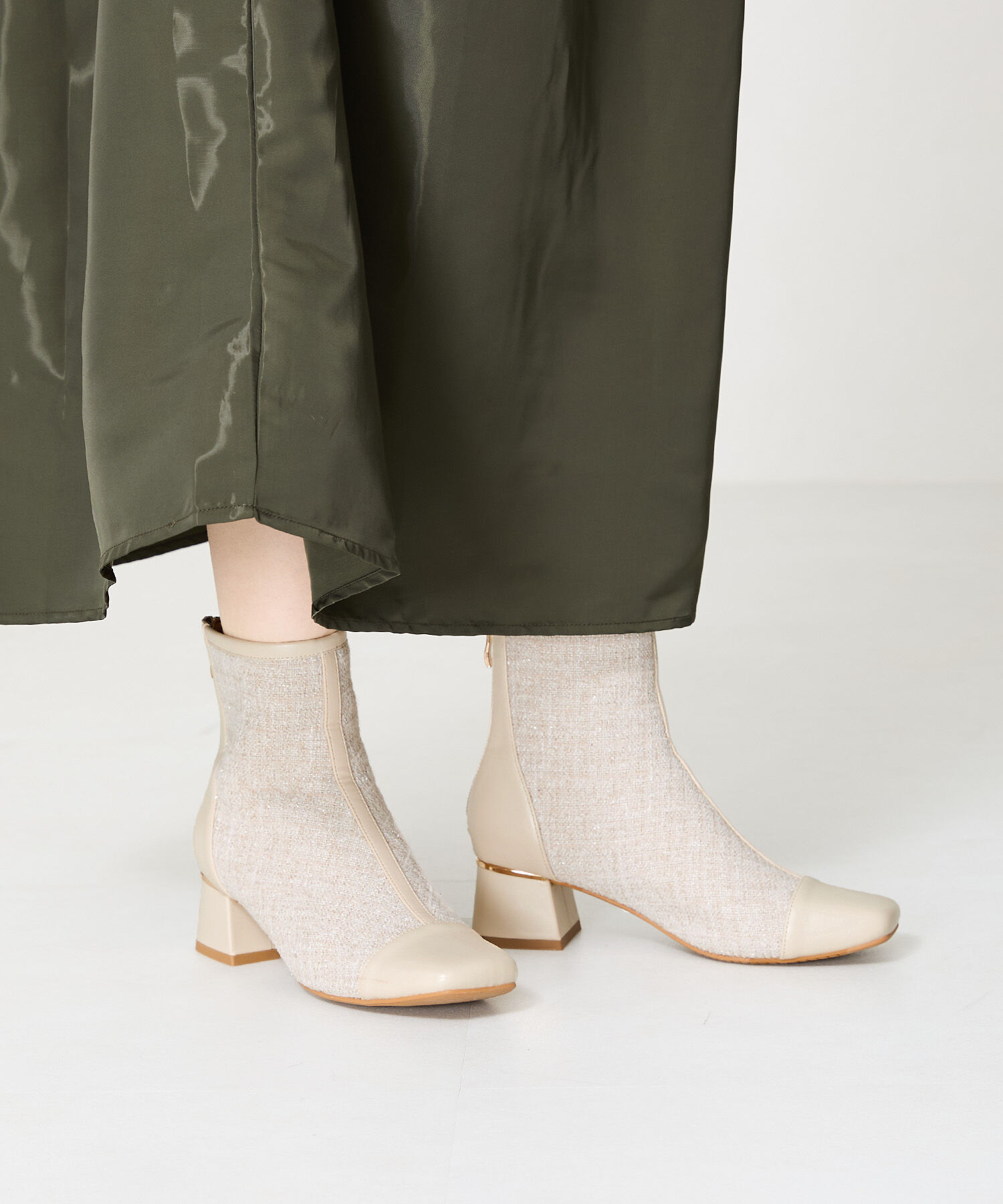 ORiental TRaffic「ツイード 切替 スクエアトゥ ブーツ /41404 ヒール5ｃｍ」|ショートブーツ|BEIGE