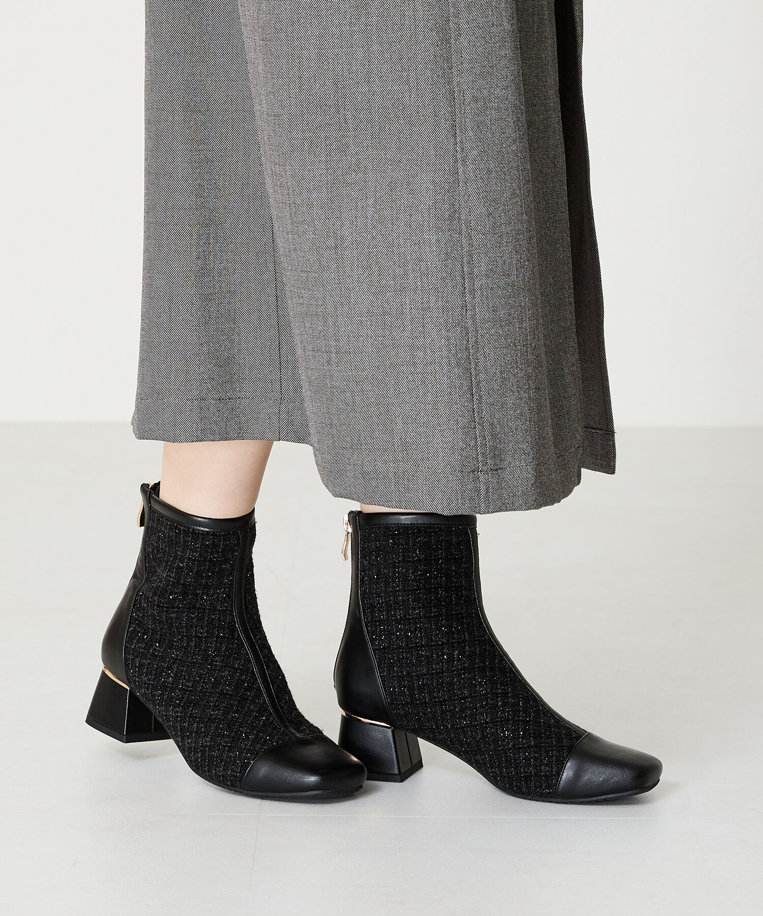 ORiental TRaffic「ツイード 切替 スクエアトゥ ブーツ /41404 ヒール5ｃｍ」|ショートブーツ|