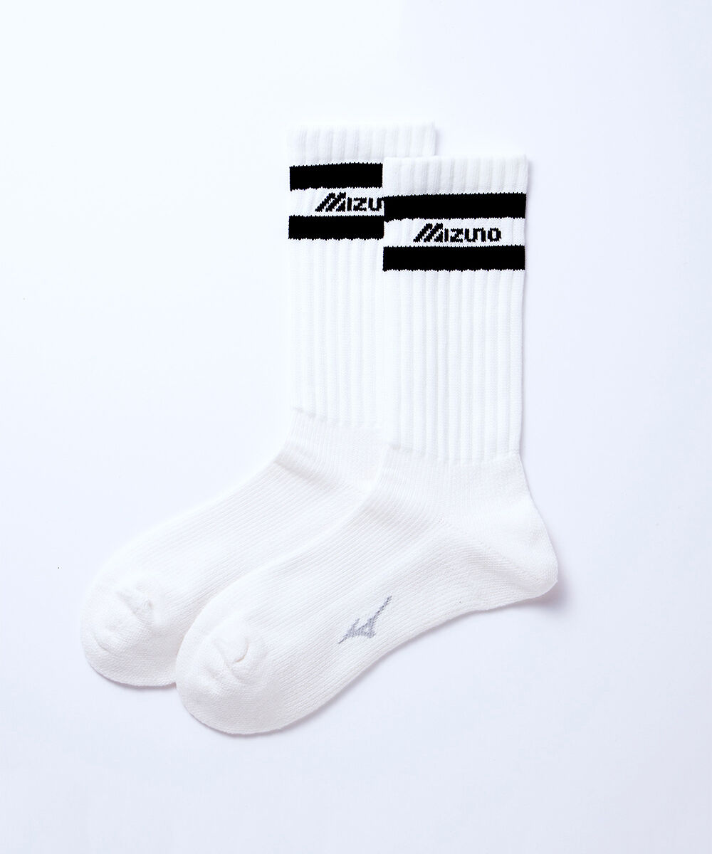 MIZUNO「ドライベクター薄手パイルレギュラーソックス ロゴ＋ライン」|ソックス|ホワイト