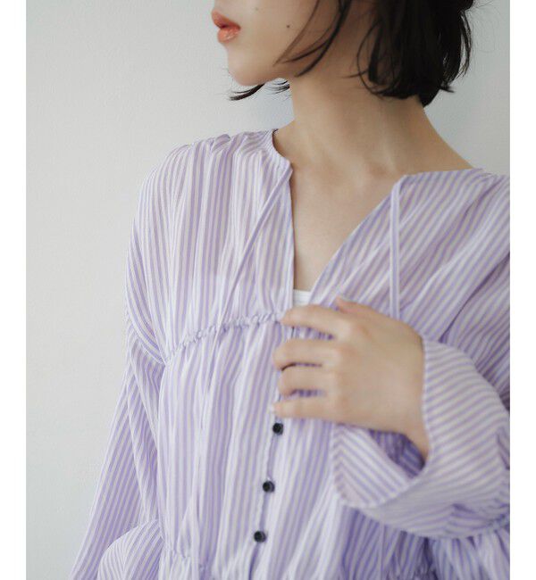 EMMEL REFINES「＜EMMEL REFINES＞EM ストライプ ギャザー ブラウス」|シャツ・ブラウス|