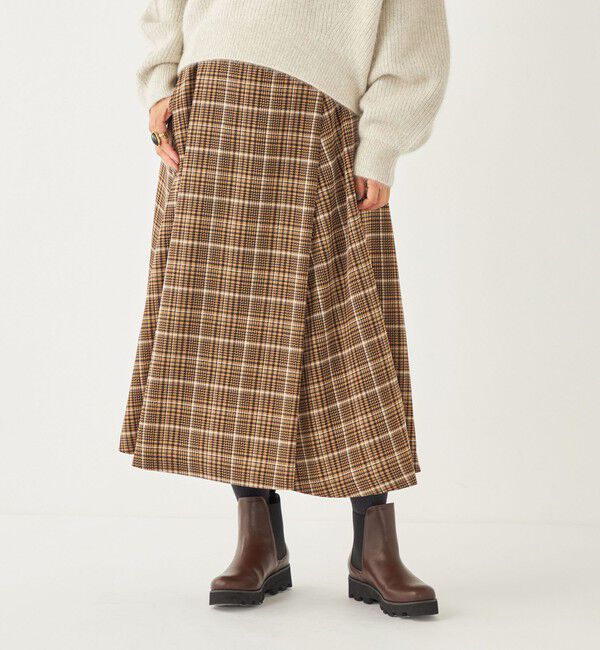 SHIPS Colors 「SHIPS Colors:〈洗濯機可能〉チェック プリント アシンメトリー フレア スカート」|フレア|キャメル