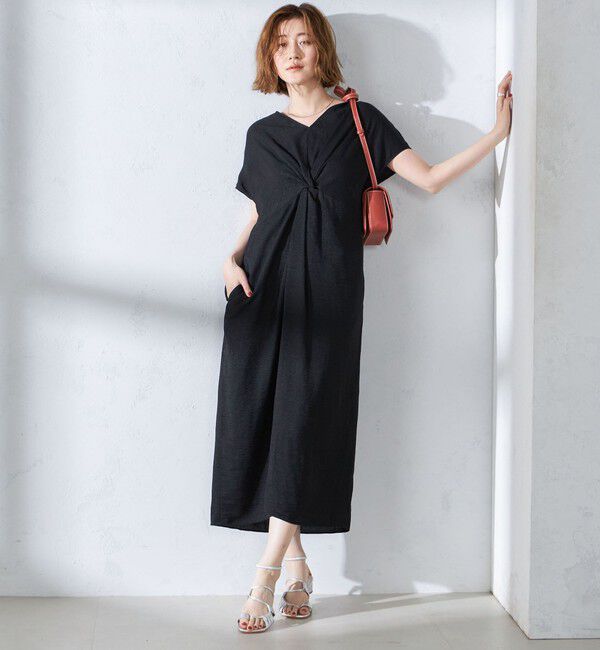 SHIPS for women「〈手洗い可能〉麻混 ノットディテール フレンチスリーブ ワンピース」|ワンピース|