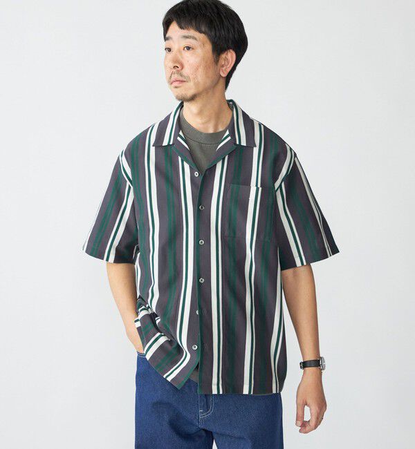 SHIPS「SHIPS: ハニカム ストライプ ショートスリーブ オープンカラー シャツ」|シャツ・ブラウス|グリーン