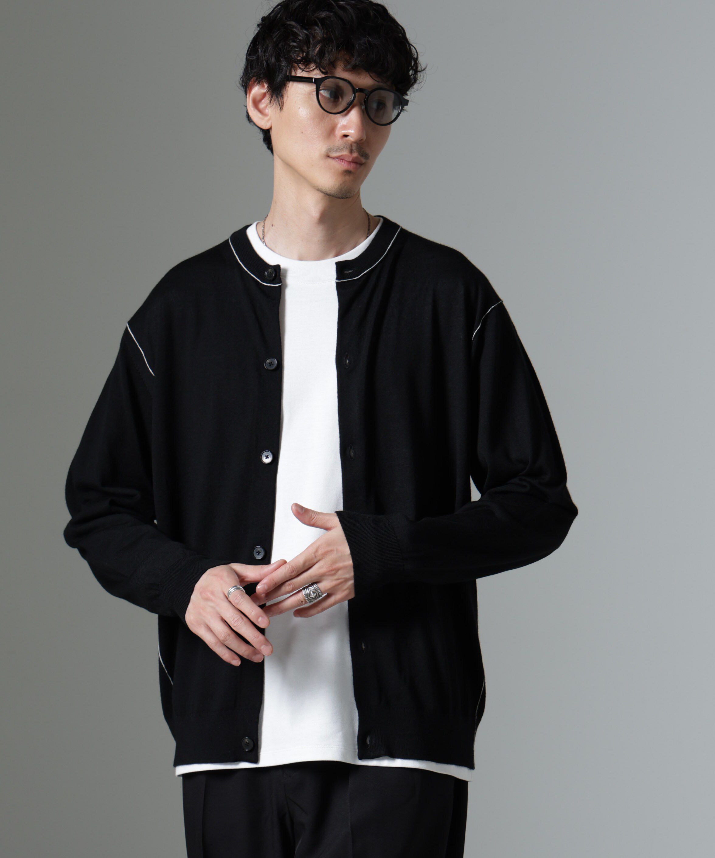 nano･universe「コントラストラインクルーネックカーディガン」|ニット・セーター|