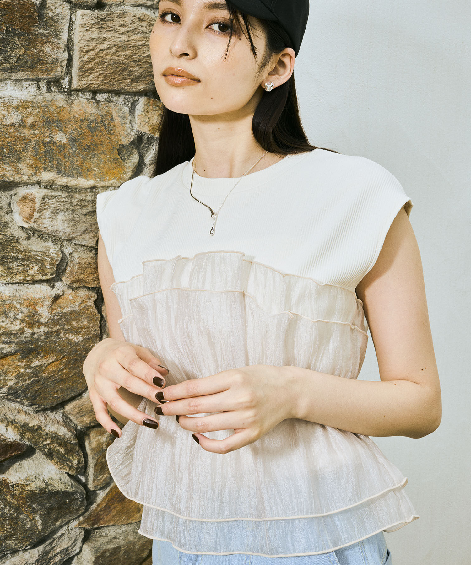 VIS「旬なレイヤードスタイルが叶う！ビスチェドッキングフレンチスリーブプルオーバー【洗える】」|Tシャツ・カットソー|