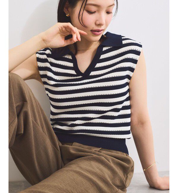 VIS「スキッパーフレンチスリーブアイレットニット」|ニット・セーター|ネイビー系(41)