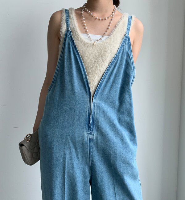  「細紐デニムフロントジップサロペット」|ワンピース|