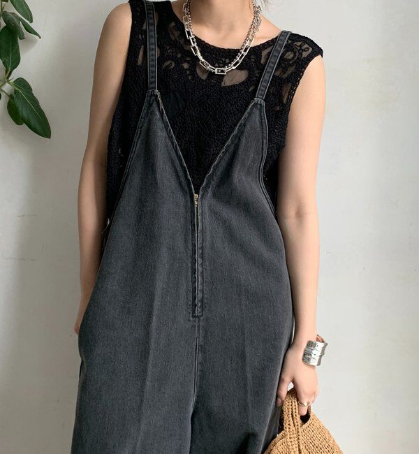  「細紐デニムフロントジップサロペット」|ワンピース|