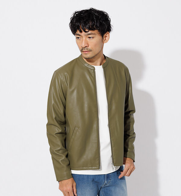 ABAHOUSE「【定番】ネオレザー シングル ライダース」|ライダースジャケット|カーキ