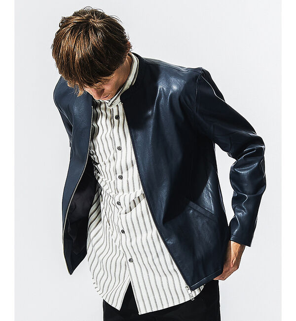 ABAHOUSE「【定番】ネオレザー シングル ライダース」|ライダースジャケット|ネイビー